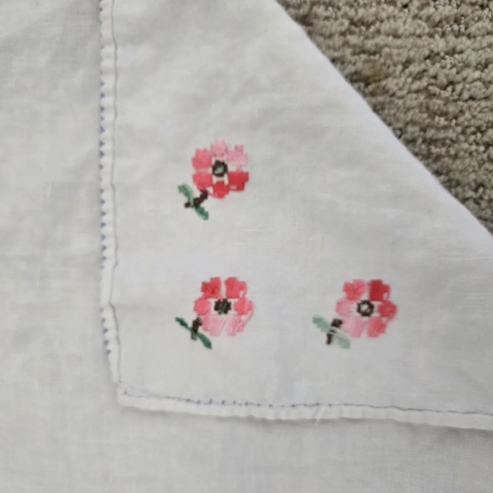 White Linen Napkin Or Handkerchief with Pink Floral Embroidery